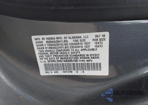 2010 Honda Odyssey Ex-L from USA, damaged, VIN 5FNRL3H67AB090100